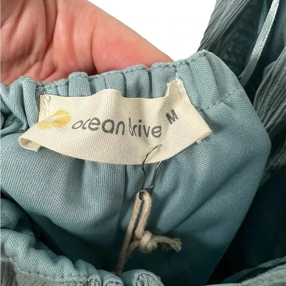 Ocean Drive Boho Romper Green Spaghetti Strap Back Tie Crochet Lace Top Size M - Picture 6 of 6